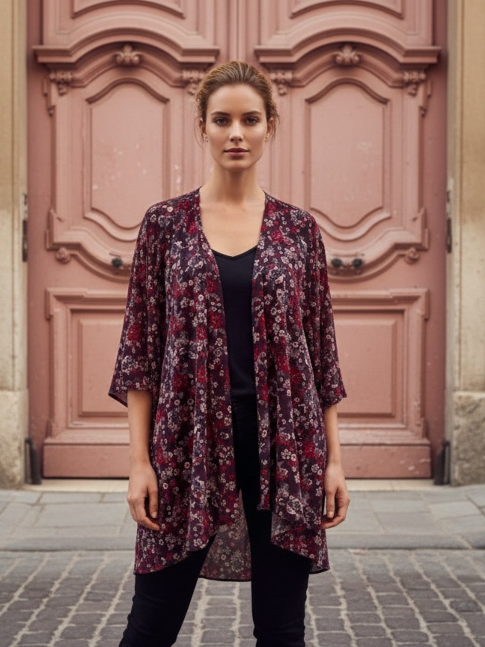 LuLaRoe Burgundy Floral Open-Front Lightweight Kimono